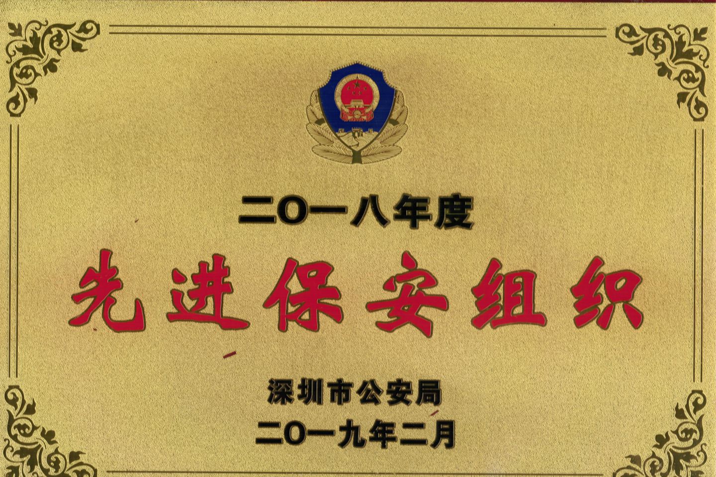 先进保安组织牌匾（2018年）